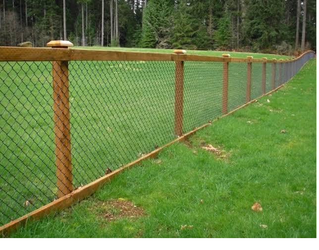 Chain link fabric on wood post and rail framing