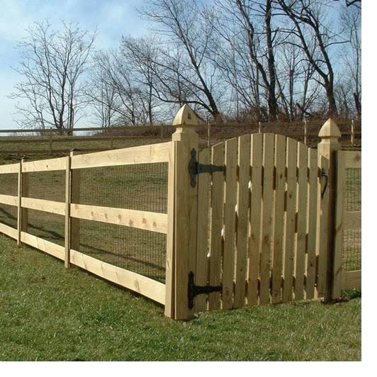 Post-and-rail with wire and arched gate